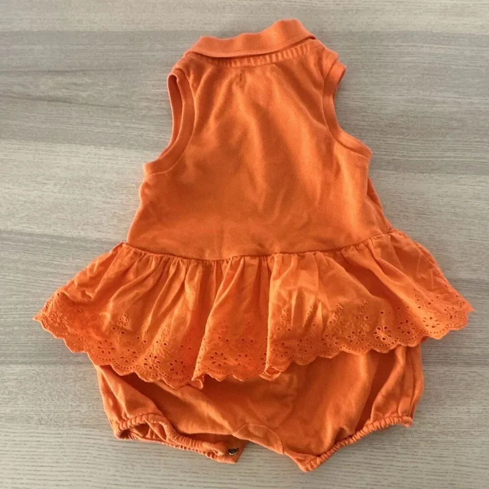 Ralph Lauren Baby Girls 12M Orange Sleeveless Collared Polo Romper Snap ruffles